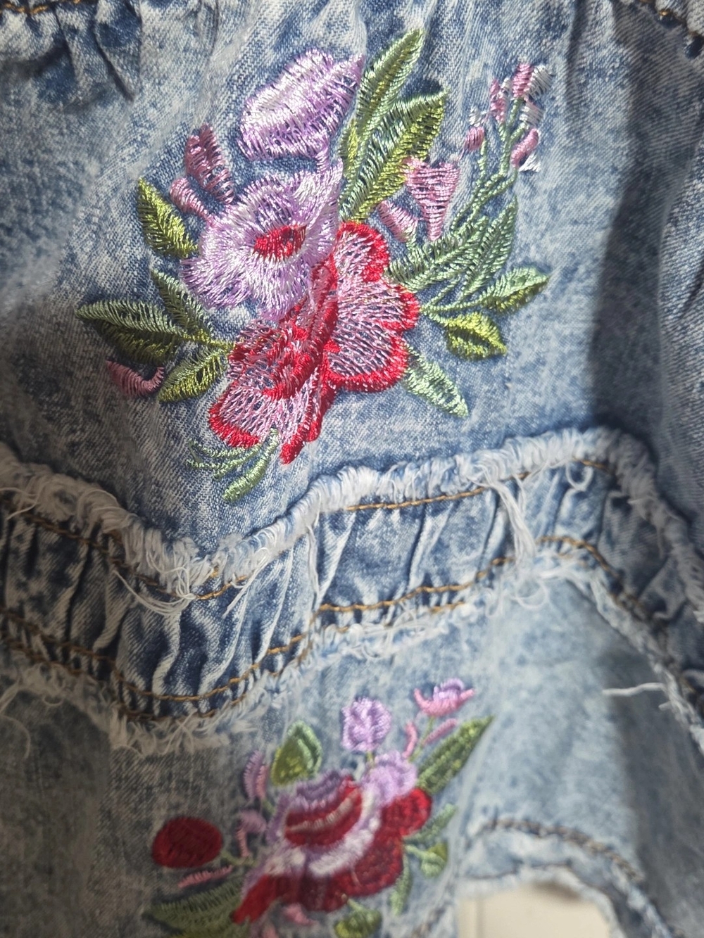 POL Light Blue Denim Floral Embroidered Skirted Top - Picture 3 of 4